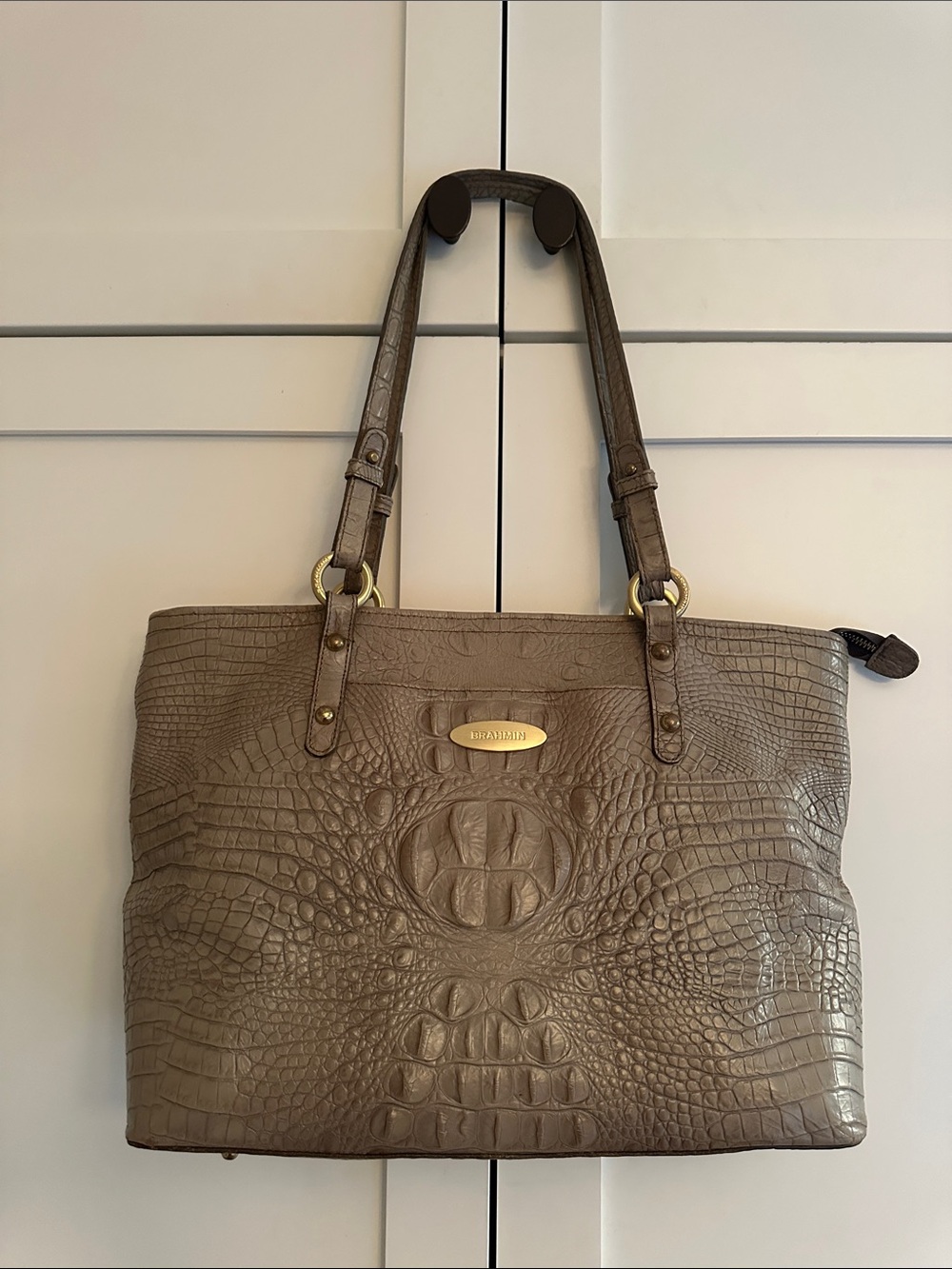 BRAHMIN CROC EMBOSSED ZIP SHOULDER BAG